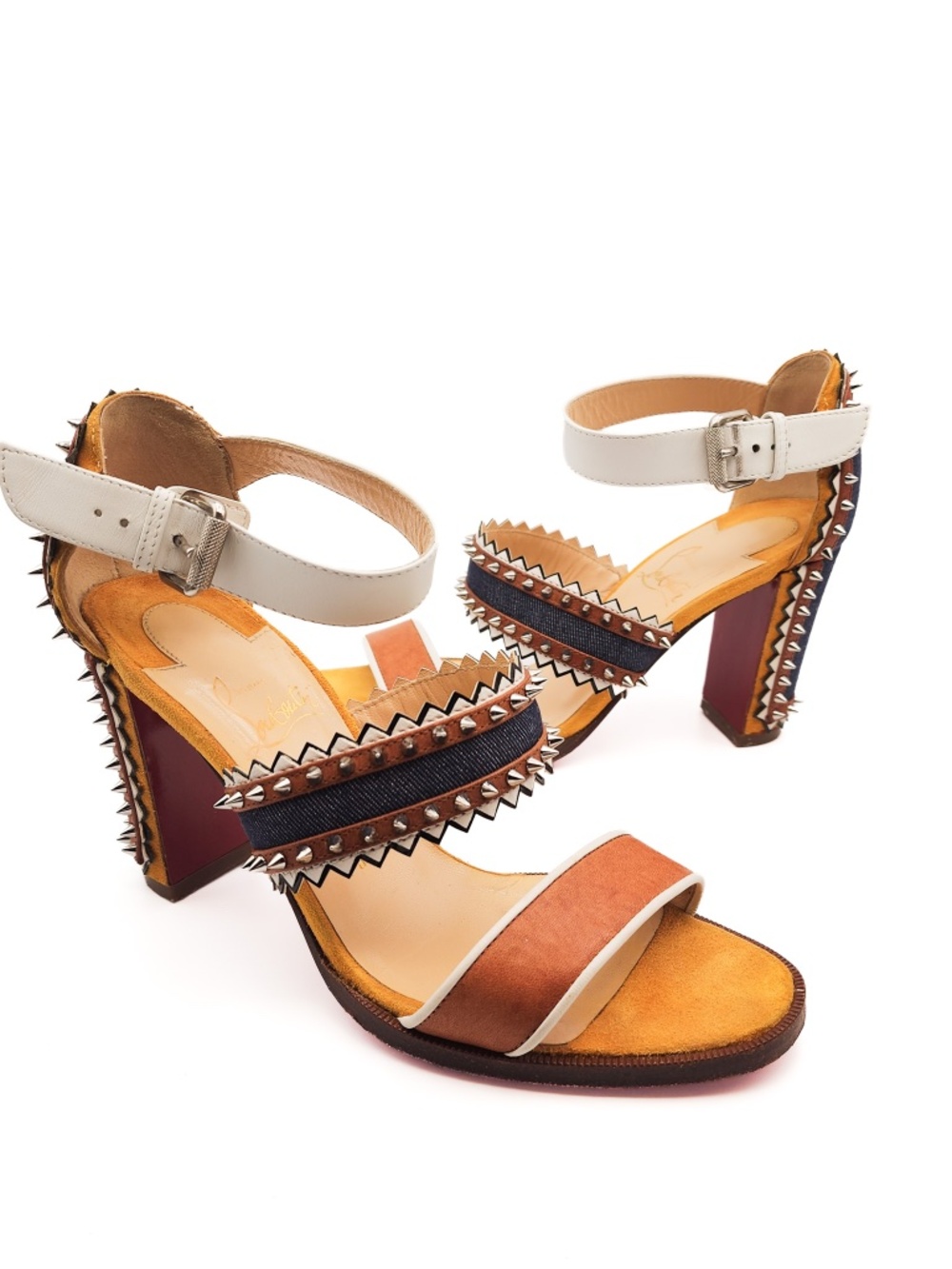 Christian Louboutin Denim Spiked Leather Block Heel Sandals EU 37